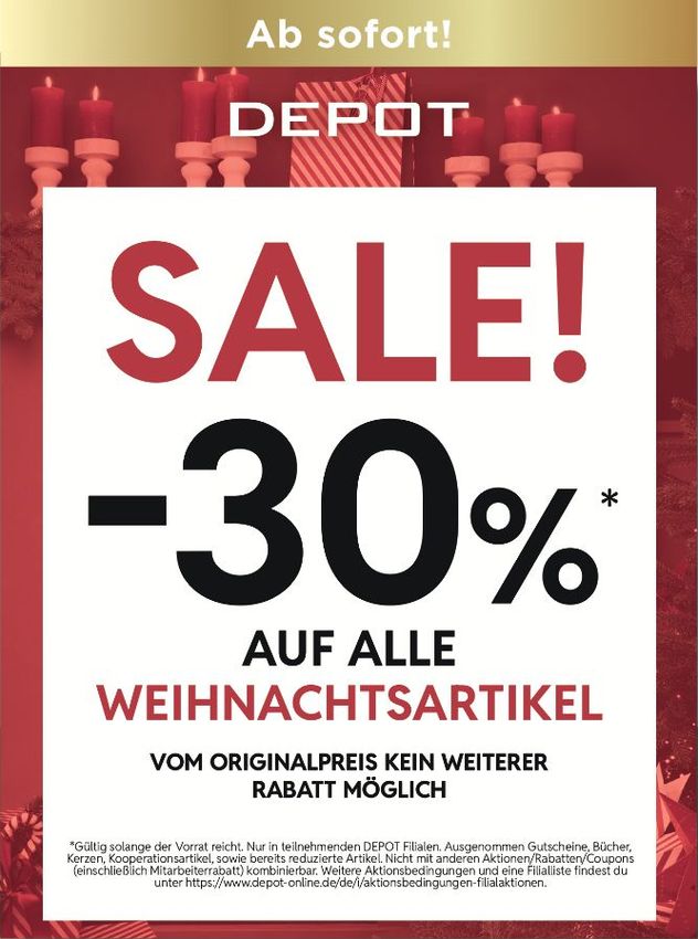 Schild mit der Aufschrift „Depot“ und dem Hinweis „30% Rabatt auf alle Weihnachtsartikel“, in Rot und Weiß.