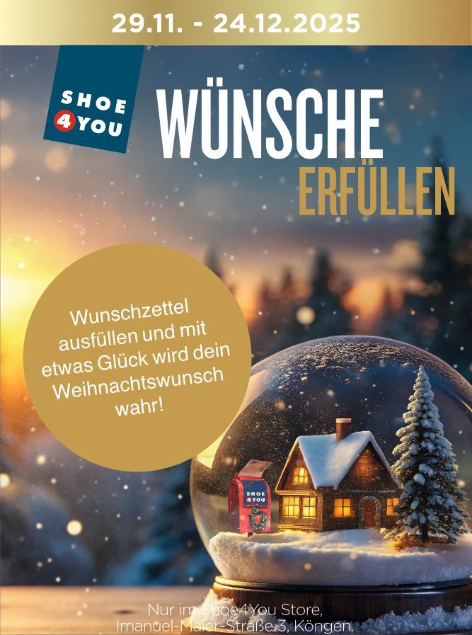 Advertisement for Shoe 4 You holiday promotion, featuring snow globe and text 