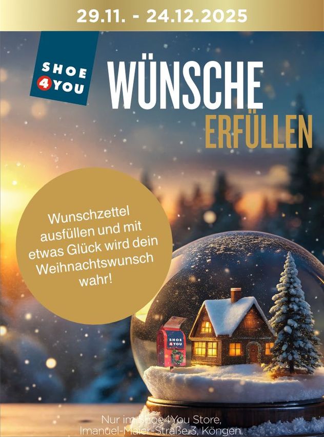 Advertisement for Shoe 4 You holiday promotion, featuring snow globe and text 