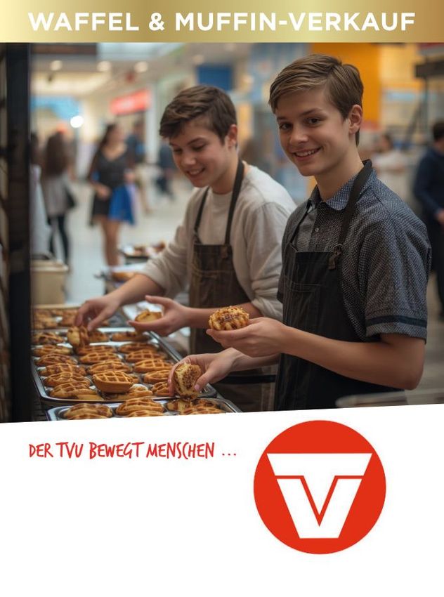 Zwei lächelnde Jungen verkaufen Waffeln und Muffins im Einkaufszentrum Kö8. Rotes Logo darunter vom TV Unterboihingen.