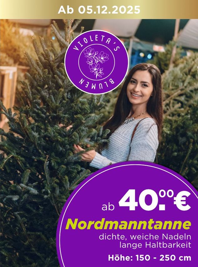 Frau mit Weihnachtsbaum verkauft Nordmanntanne. Preis ab 40,00 €, Höhe 150-250 cm, ab 5. Dezember 2025.
