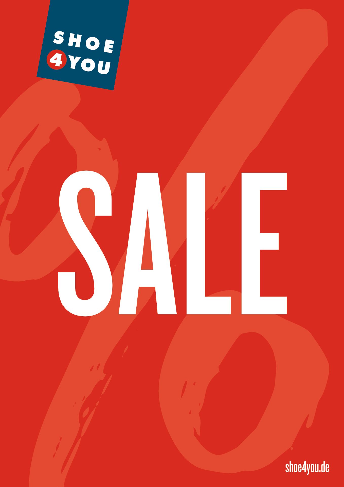 Rotes „SALE“-Schild mit großem, hellorangefarbenem Prozentsymbol und dem Logo „SHOE 4 YOU“ oben links.