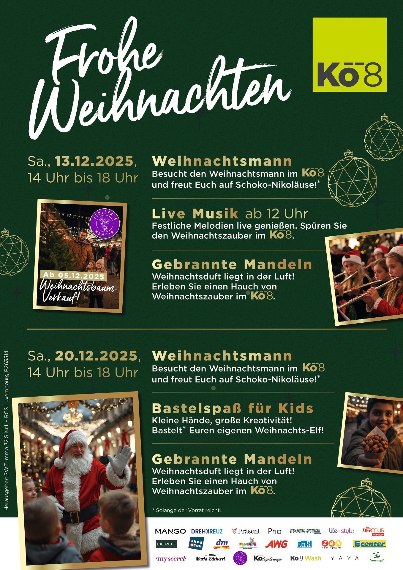Weihnachtsflyer: Veranstaltungen am 13. und 20. Dezember, darunter Besuch vom Weihnachtsmann, Live-Musik, Kunsthandwerk und geröstete Mandeln.