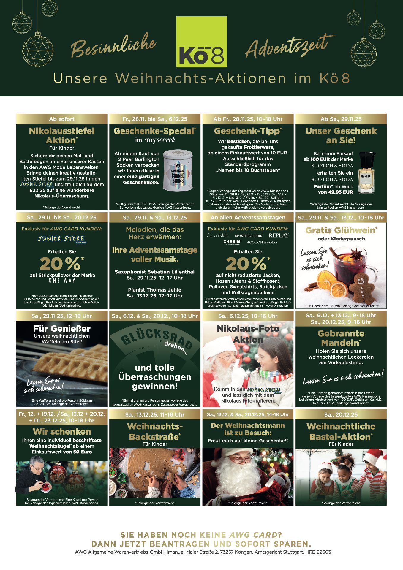 Grüner Flyer für einen Weihnachtsmarkt mit verschiedenen Produkten und Rabatten von AWG Mode.