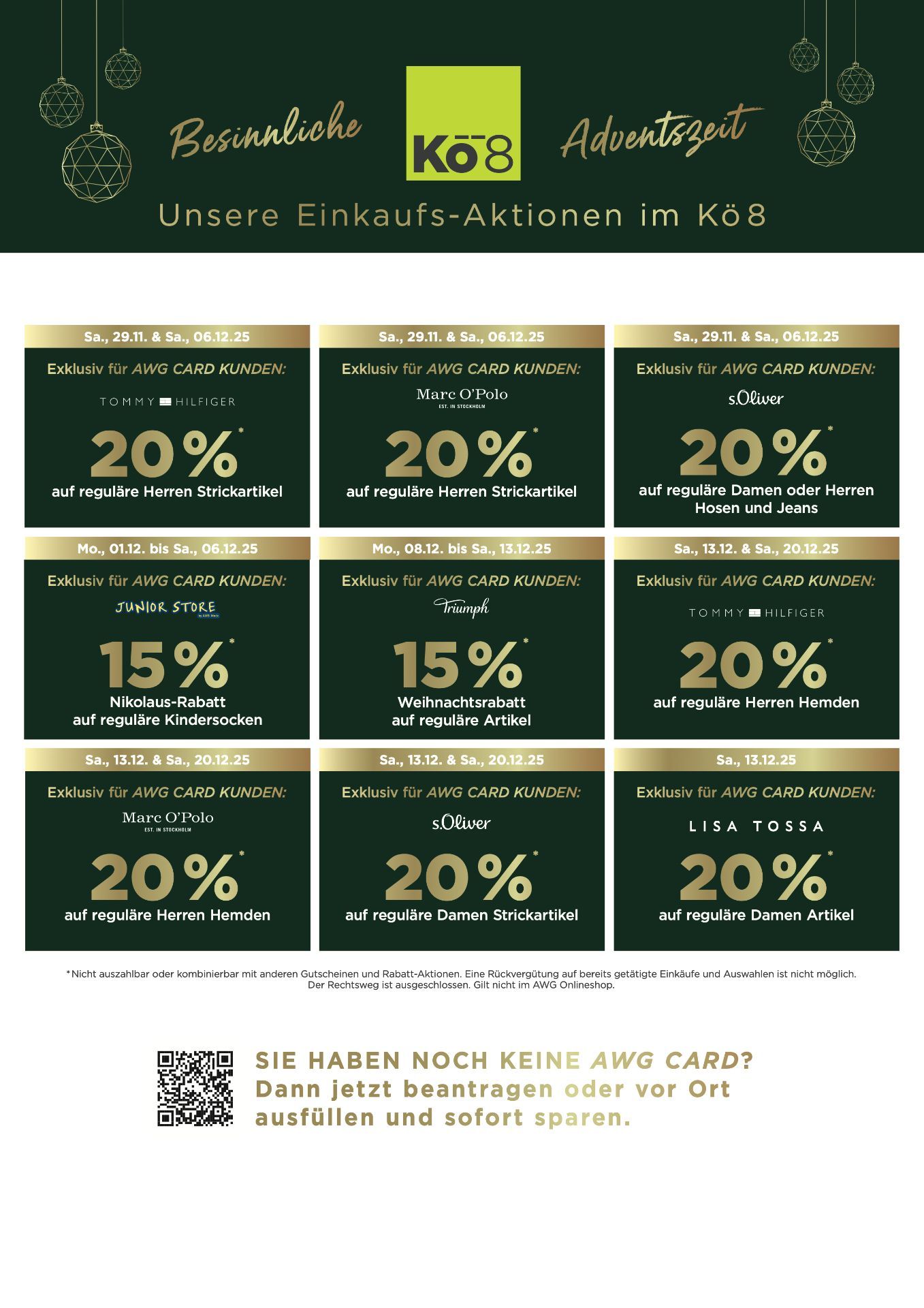 Werbung für AWG CARD Rabatten, dunkelgrünem Hintergrund und goldener Schrift.