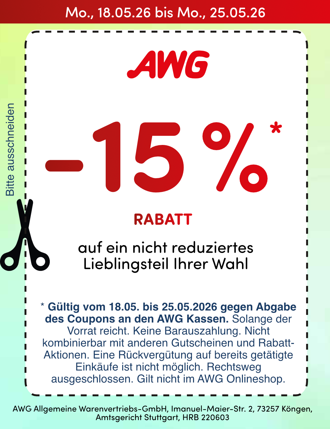 Ein gelber Flyer zeigt vier Rabattcoupons für AWG, die 15 bis 20 % Rabatt auf ausgewählte Marken wie Tommy Hilfiger und Only bieten.