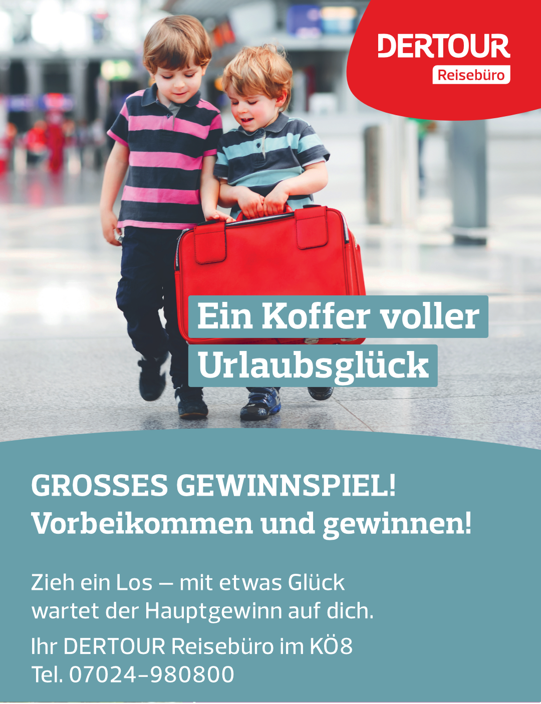 Zwei Kinder mit einem roten Koffer, deutsche DERTOUR-Gewinnspielwerbung auf hellgrauem Hintergrund