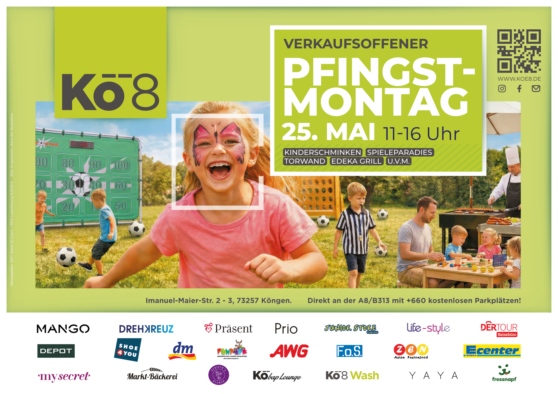 Verkaufsplakat des Einkaufszentrums Kö8 mit lächelndem Kind, grünem Thema und Details zum Pink Monday-Event