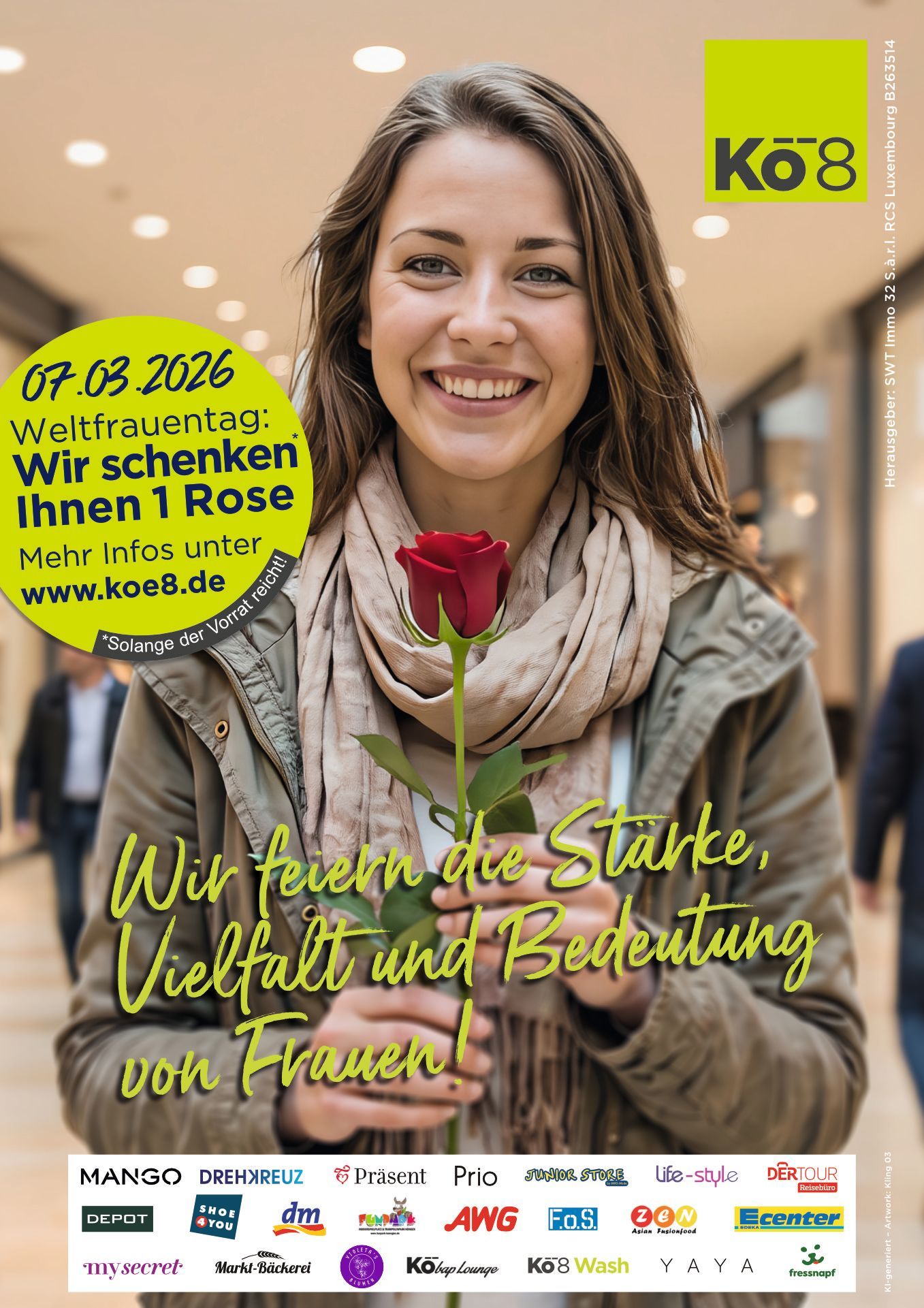 Frau mit roter Rose in der Hand, lächelnd, in einem Einkaufszentrum. Text: „Wir feiern die Stärke, Vielfalt und Bedeutung der Frauen.“