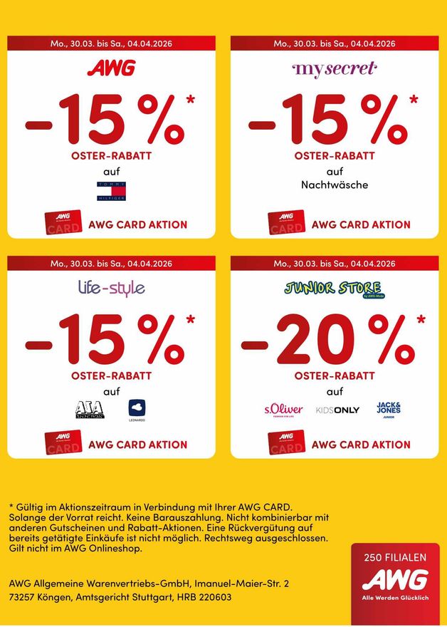 Ein gelber Flyer zeigt vier Rabattcoupons für AWG, die 15 bis 20 % Rabatt auf ausgewählte Marken wie Tommy Hilfiger und Only bieten.