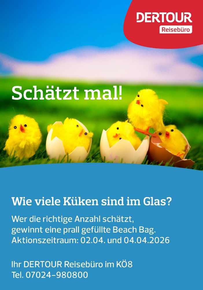 DERTOUR-Gewinnspielflyer: Fünf gelbe Küken in und um Eierschalen auf einer Wiese. Der Text fordert dazu auf, die Anzahl zu schätzen, um eine Strandtasche zu gewinnen.