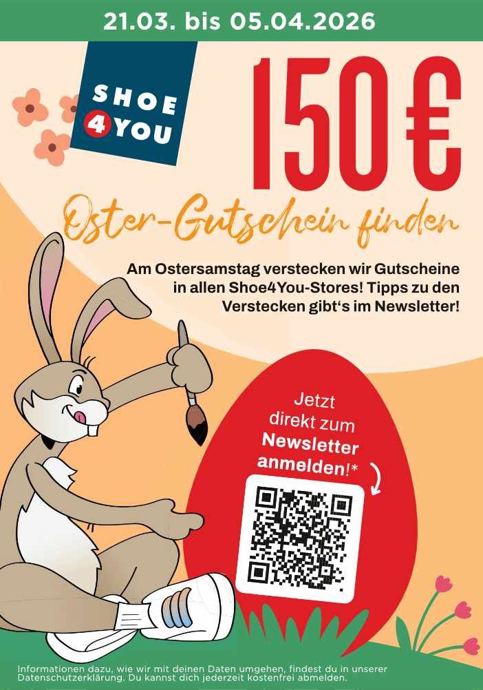 Oster-Werbeflyer für Shoe4You mit einem Hasen, einem QR-Code für einen Newsletter und der Chance, einen Gutschein im Wert von 150 € zu finden.