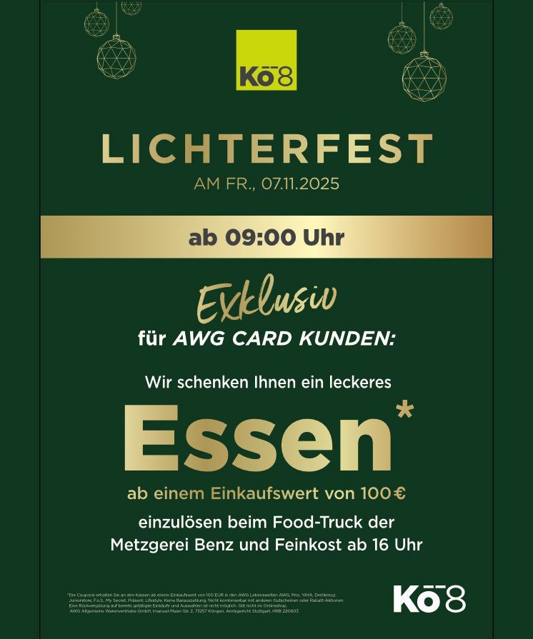 Grünes Werbeplakat für das Kö8 Lichterfest am 02.11.2025. AWG-Karteninhaber erhalten ab einem Einkaufswert von 100 € kostenlose Speisen.