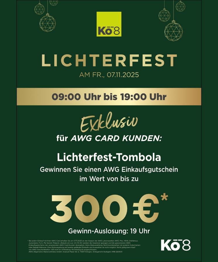 Plakat für eine Lichterfest-Veranstaltung im Kö8 am 7. November 2005. Enthält eine exklusive AWG-Karten-Kundenverlosung mit der Chance, einen Geschenkgutschein im Wert von 300 € zu gewinnen.