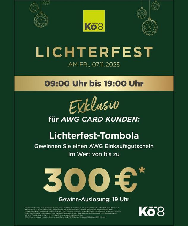 Plakat für eine Lichterfest-Veranstaltung im Kö8 am 7. November 2005. Enthält eine exklusive AWG-Karten-Kundenverlosung mit der Chance, einen Geschenkgutschein im Wert von 300 € zu gewinnen.