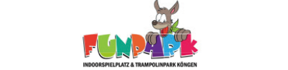 Logo eines Freizeitparks mit einem Comic-Wolf und dem bunten Text „FUNPARK“. Der Park bietet Indoor-Spielplätze und Trampoline in Köngen.