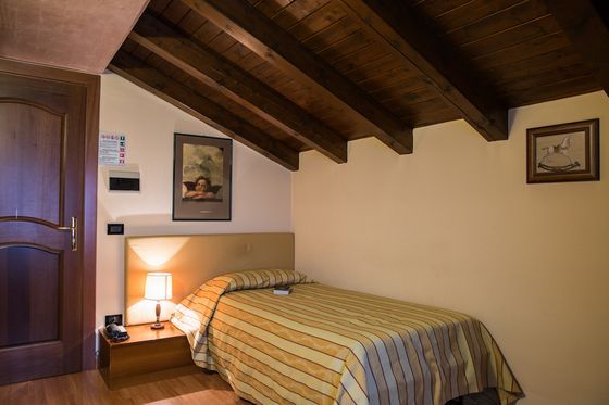 Una camera con un letto singolo e un soffitto in legno