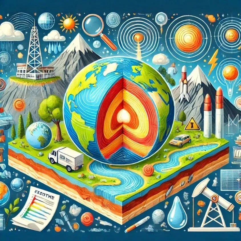 Earth cross-section with geological illustrations: layers, mountains, vehicles, scientific tools, diagrams.