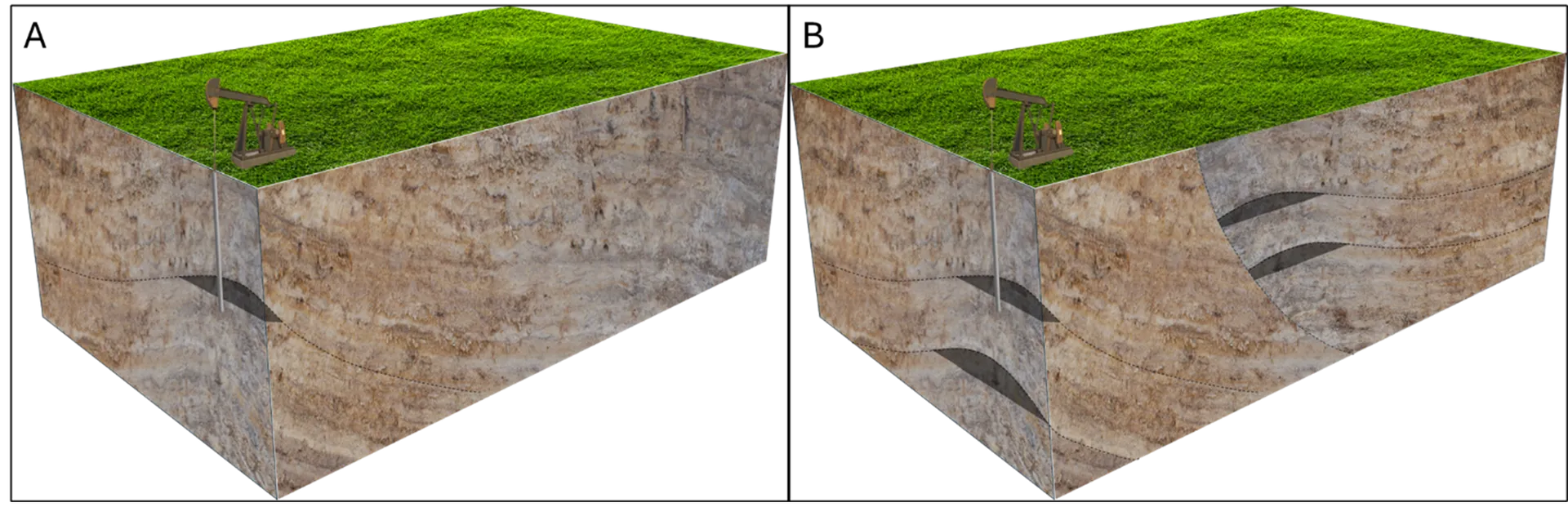 Cross-section of earth shows a fault in A and a fold in B.