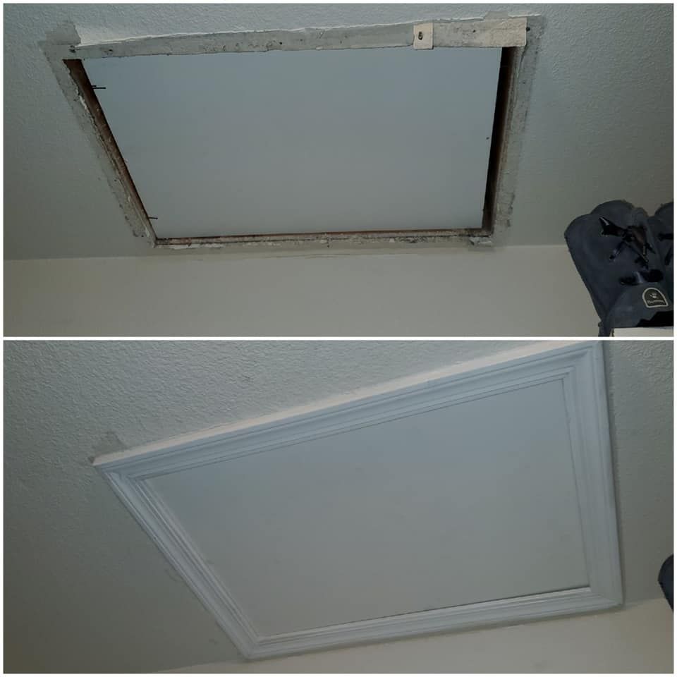 A before and after picture of an air vent in a ceiling.