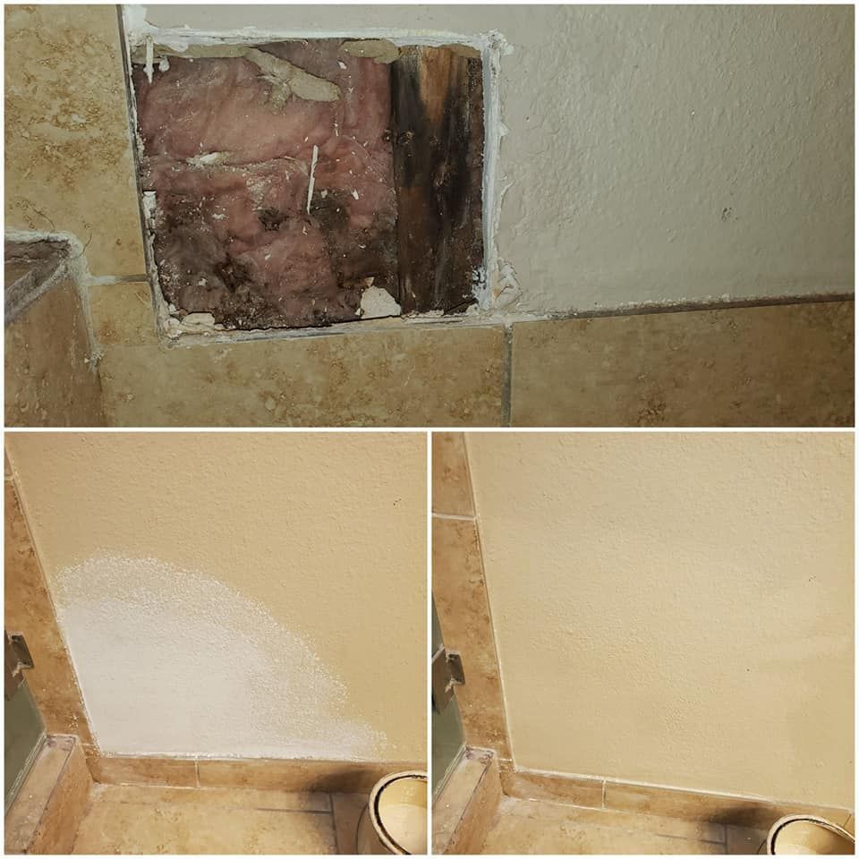 A before and after photo of a wall with a hole in it
