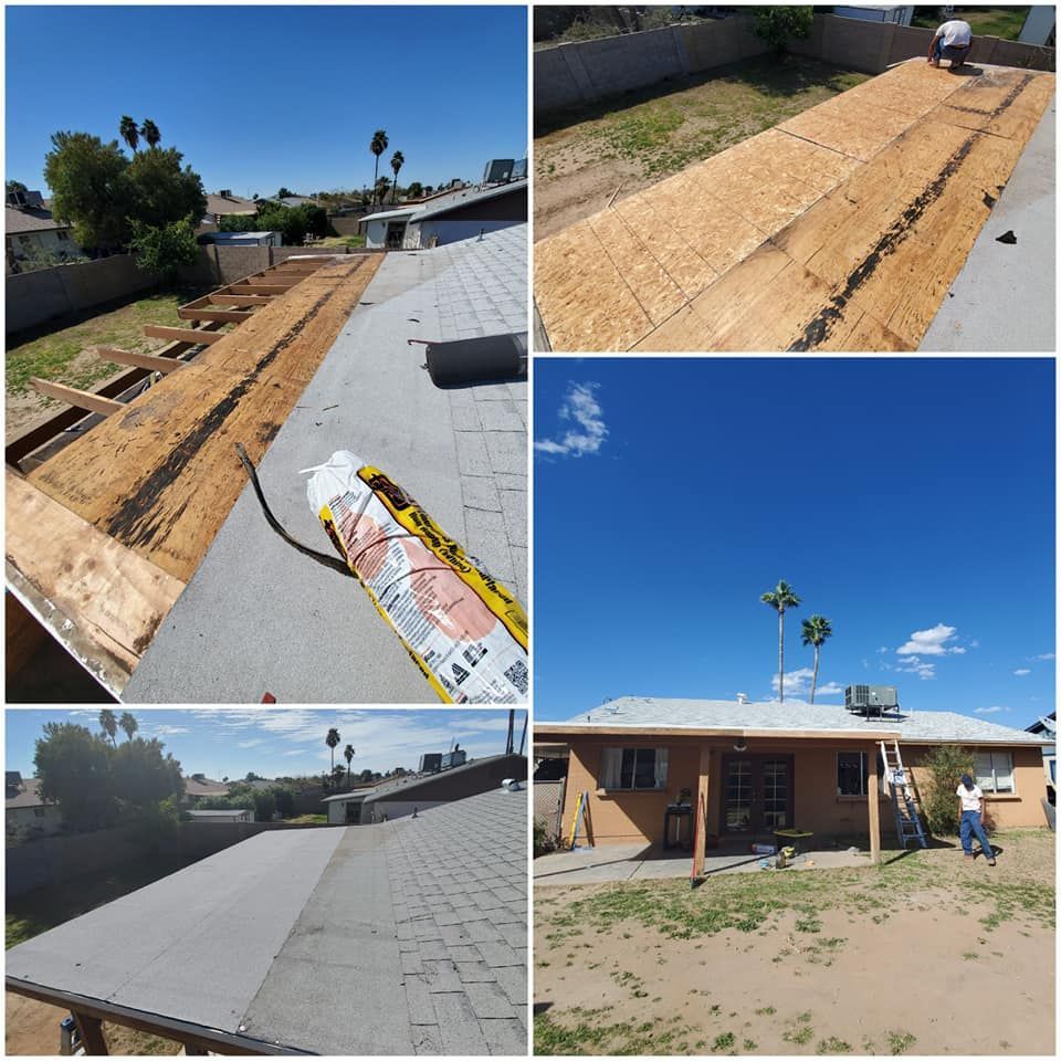 A collage of pictures showing a roof being installed