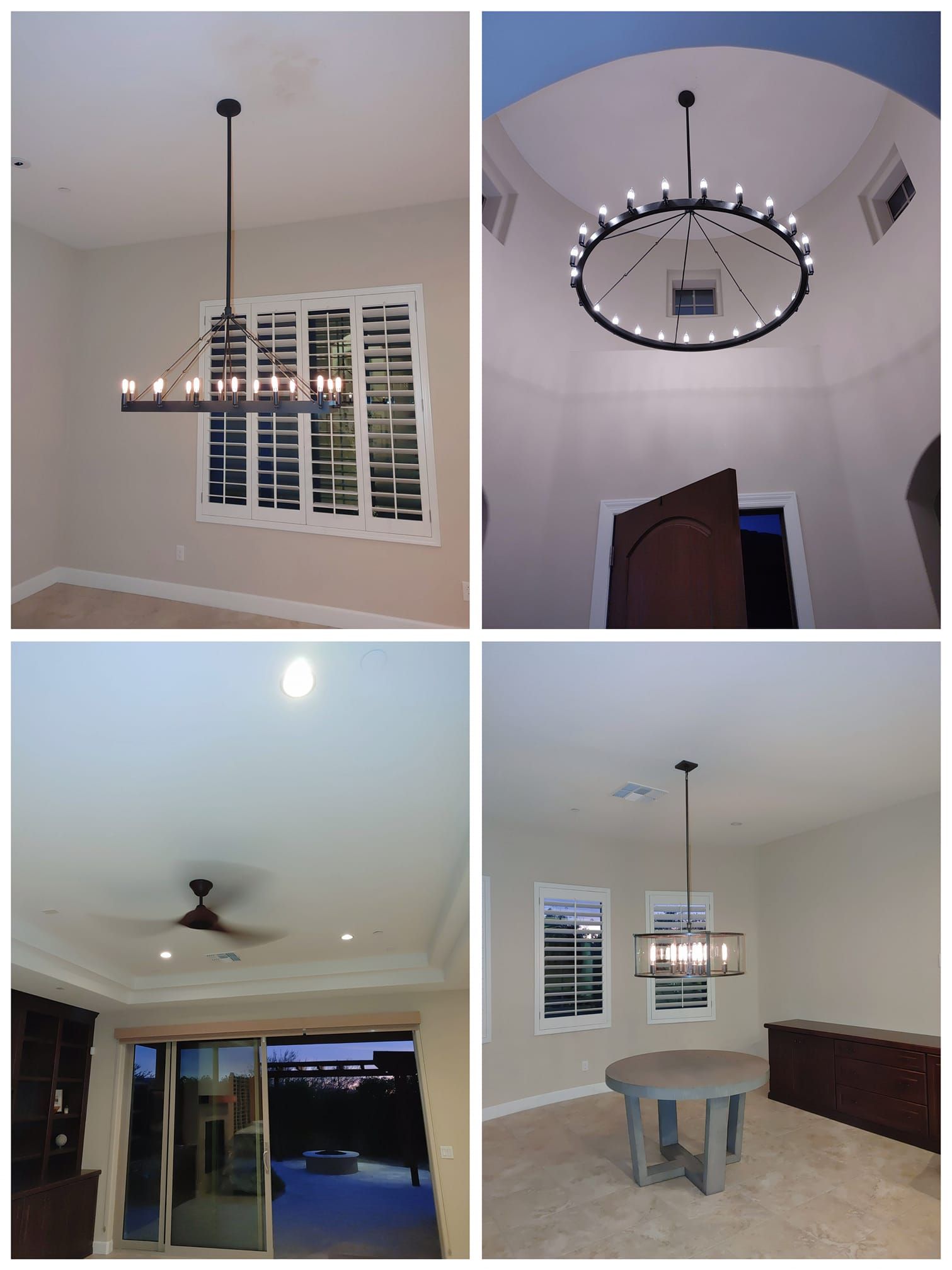A collage of four pictures of a house with a chandelier hanging from the ceiling
