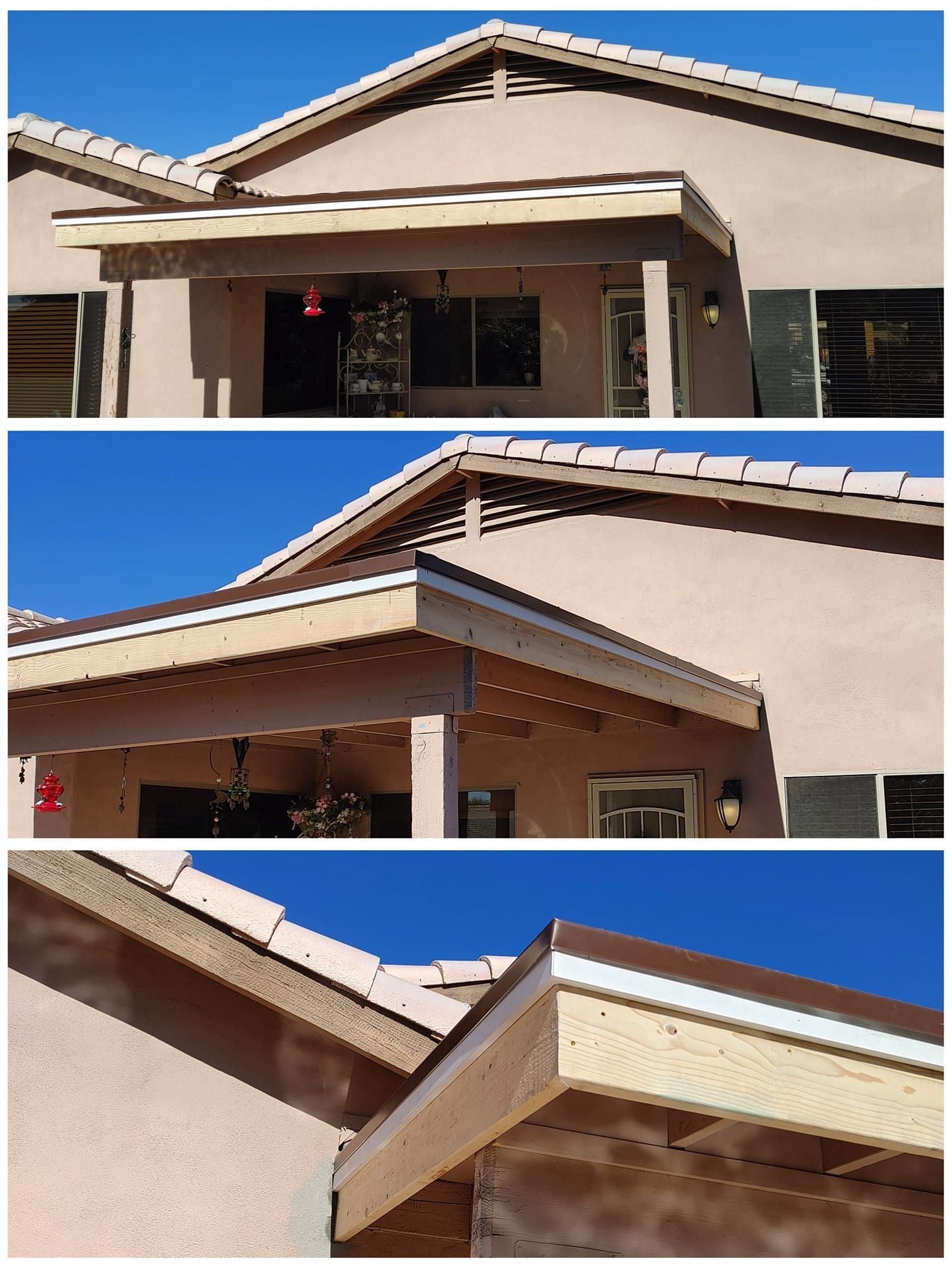 A collage of four pictures of a house 's roof