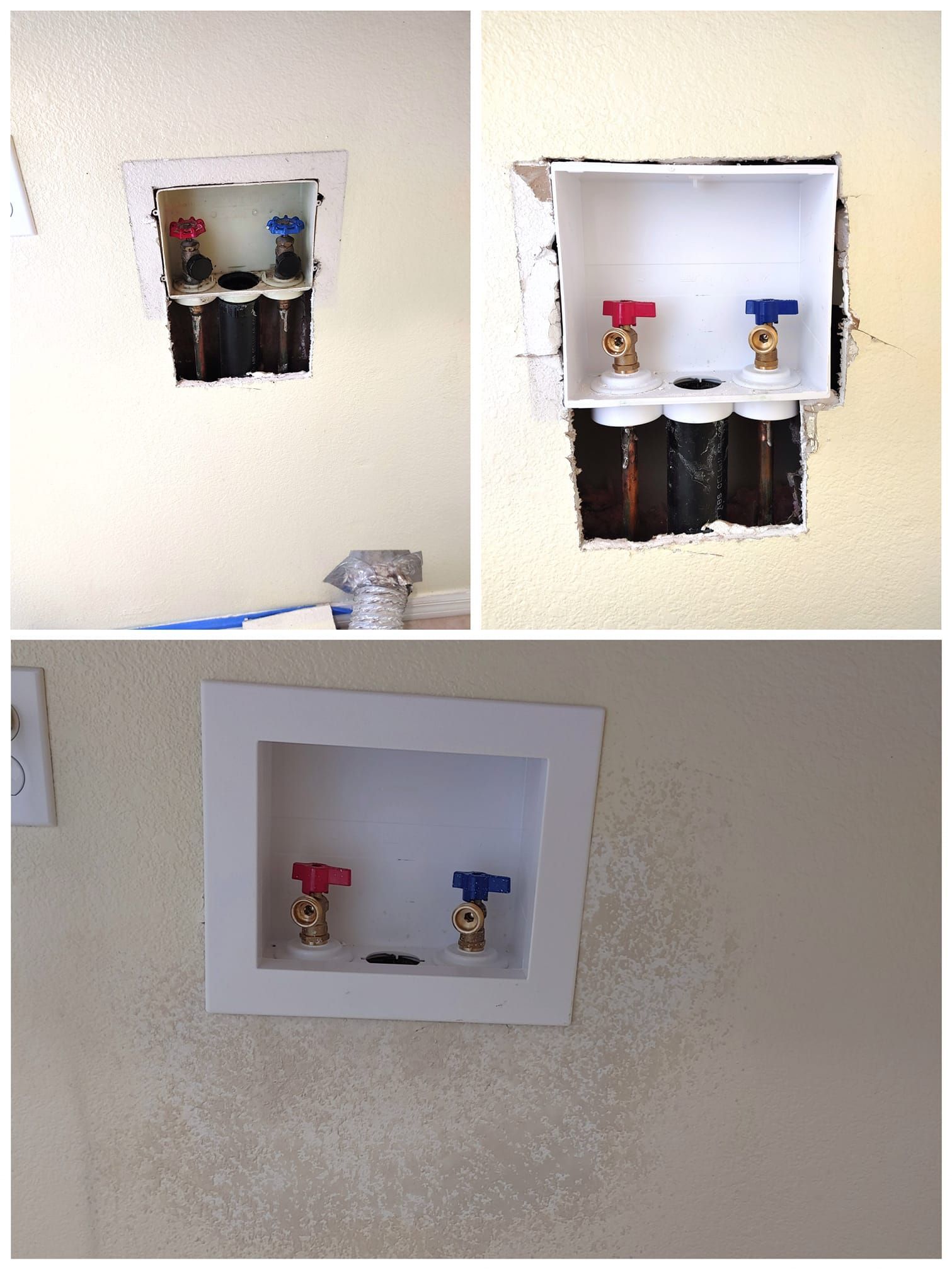 A picture of a hole in a wall with two valves in it