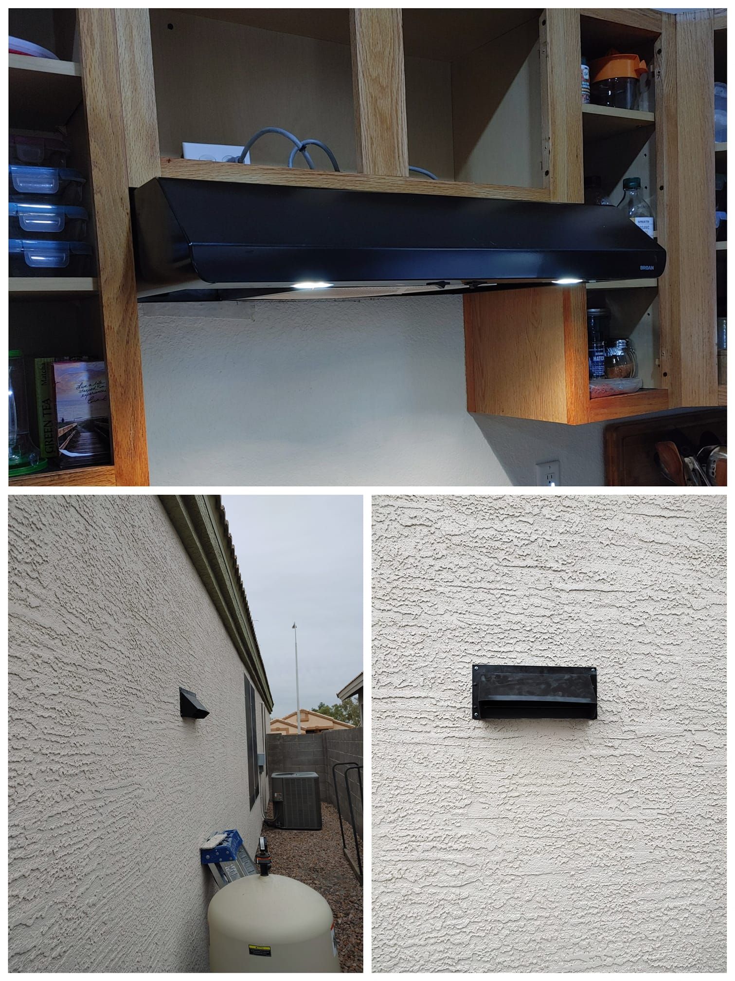A collage of photos shows a kitchen with a black hood and a white wall.