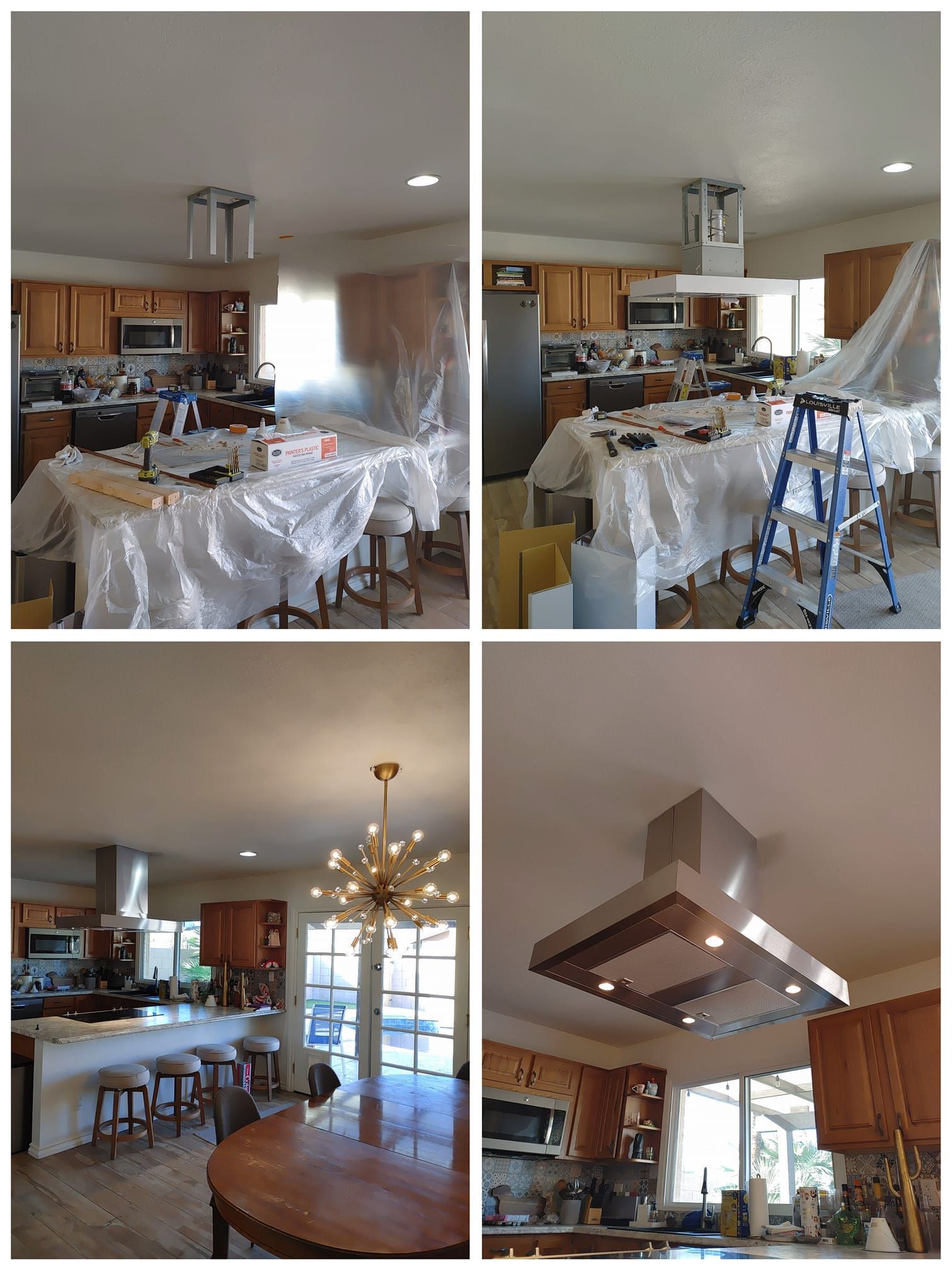 A collage of four pictures of a kitchen being painted.