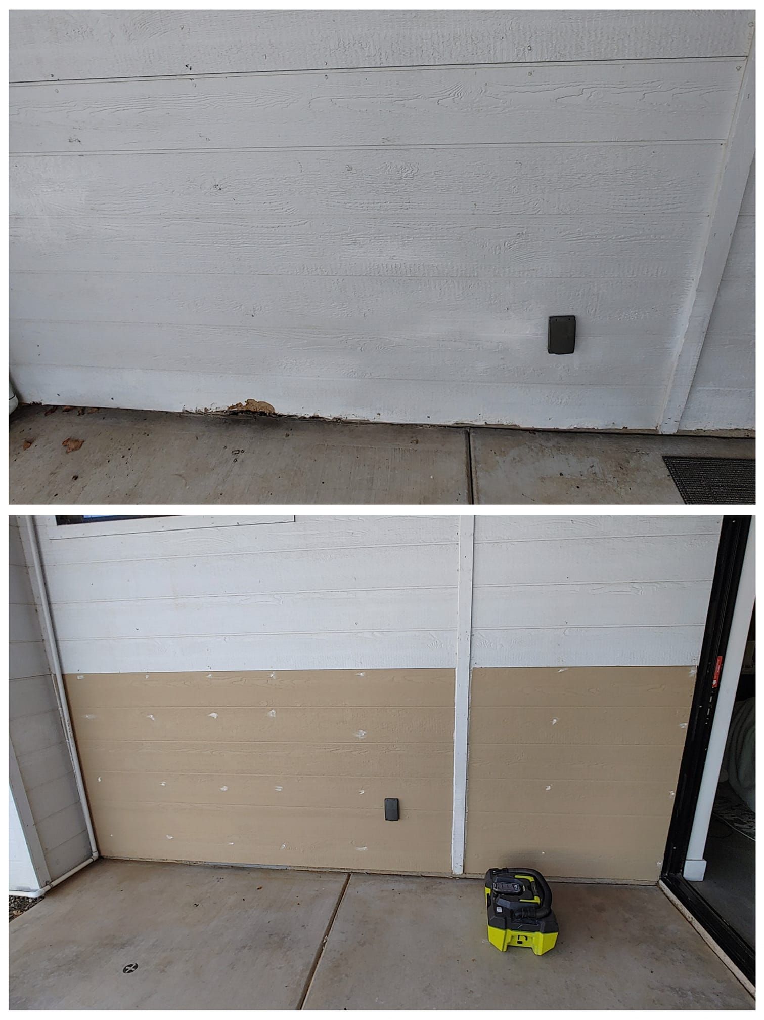 A before and after picture of a garage door.