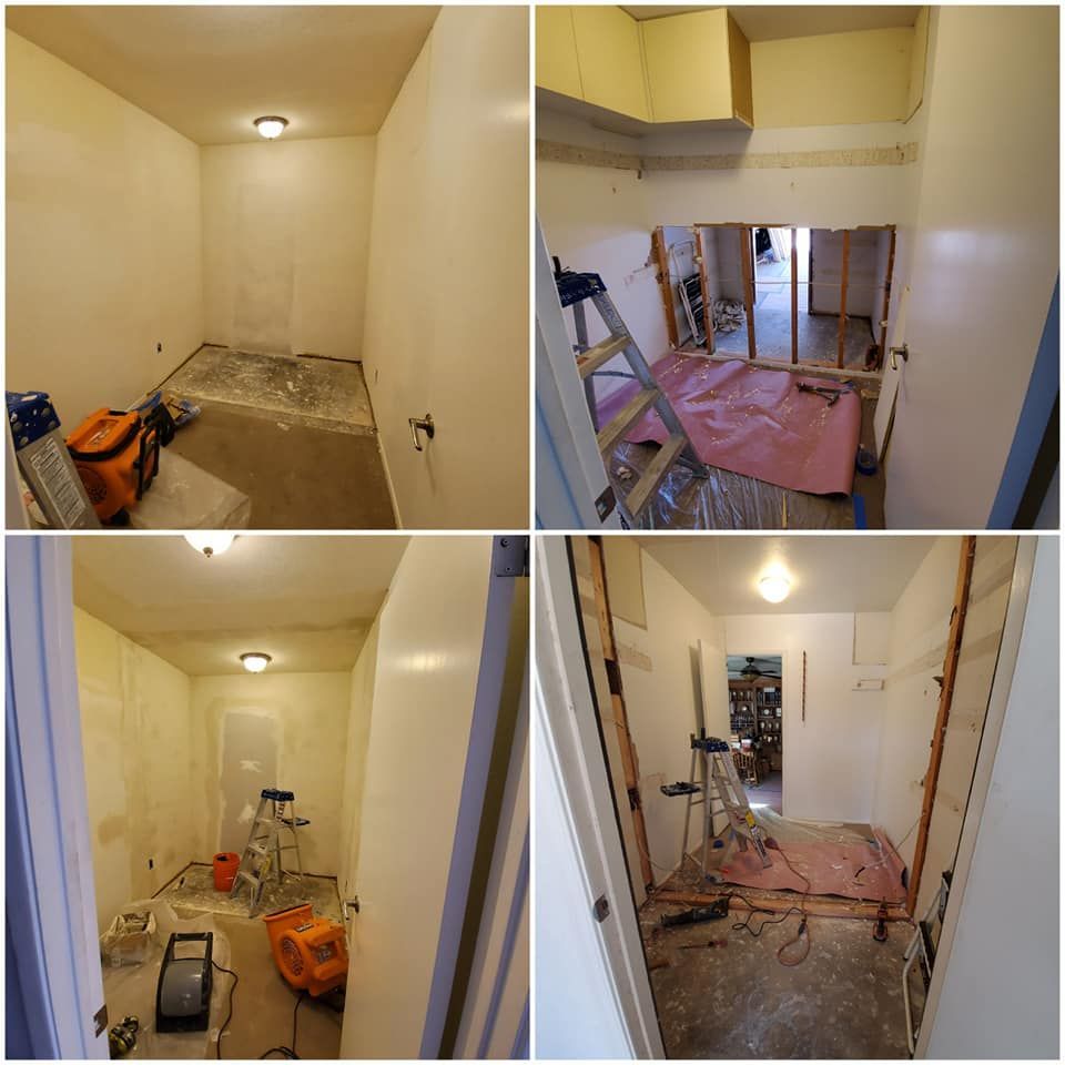 A collage of four pictures of a room being remodeled
