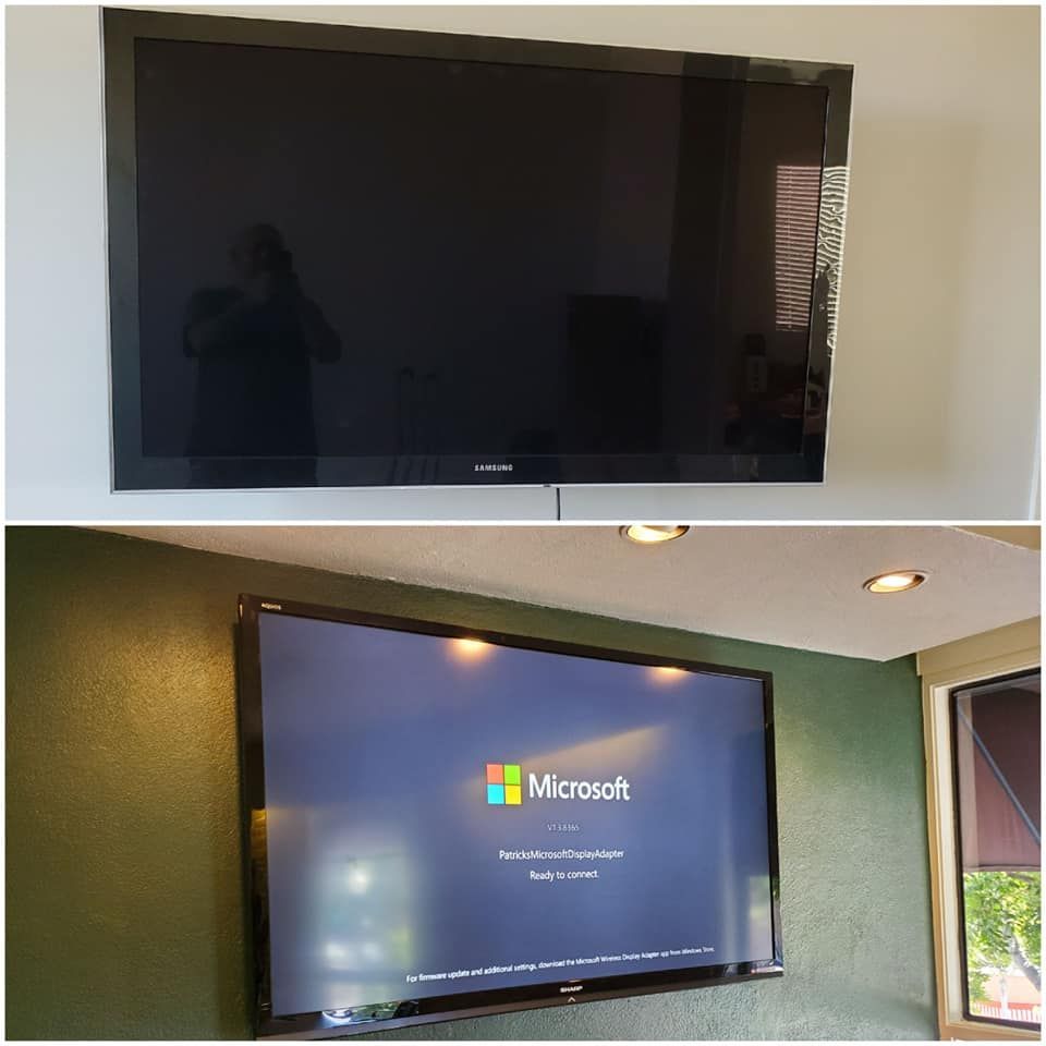Two pictures of a flat screen tv mounted on a wall.