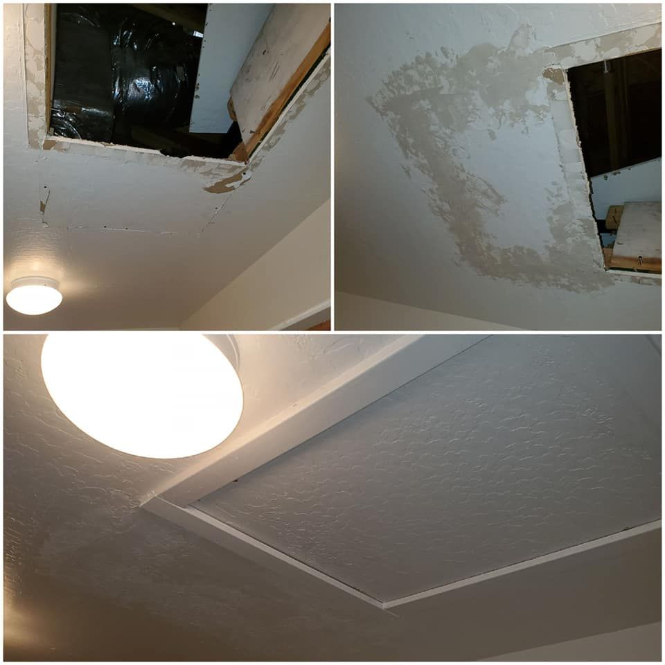 A collage of three pictures of a ceiling with a hole in it