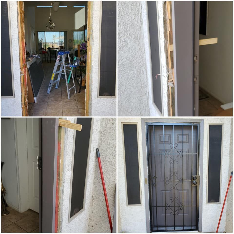 A collage of four pictures of a door being remodeled