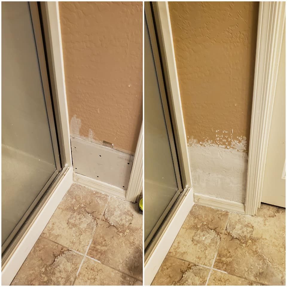 A before and after picture of a shower door being painted.