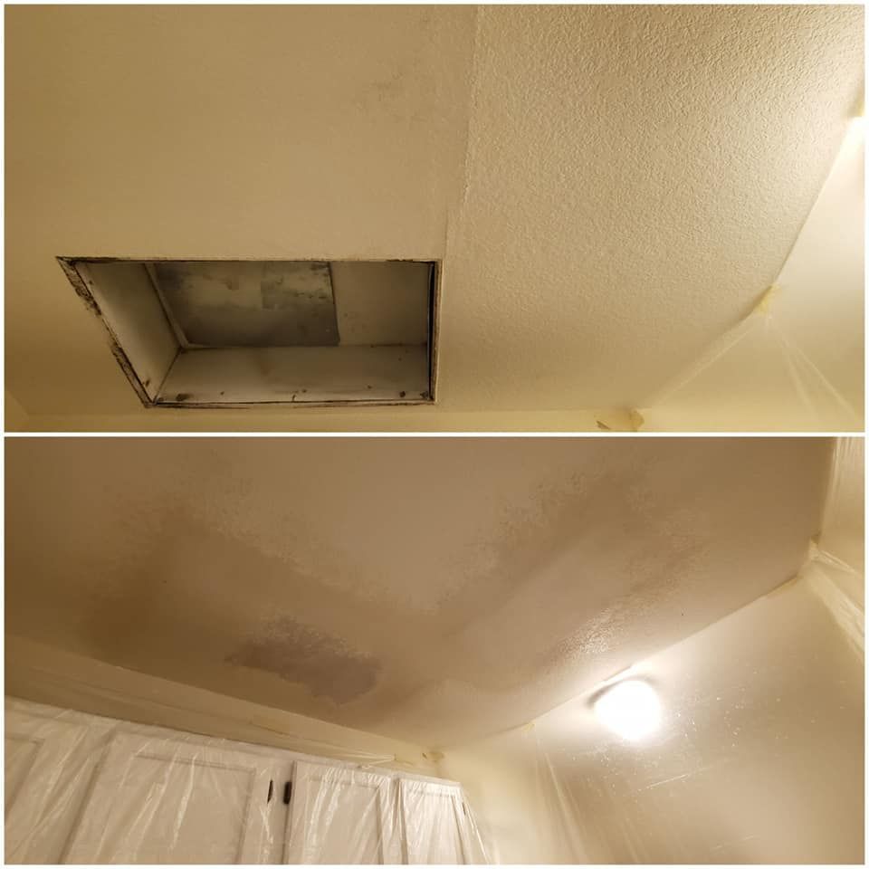 A before and after picture of a bathroom ceiling with a hole in it.
