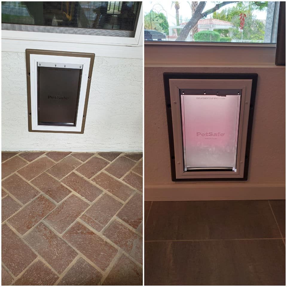 A before and after picture of a dog door in a window.
