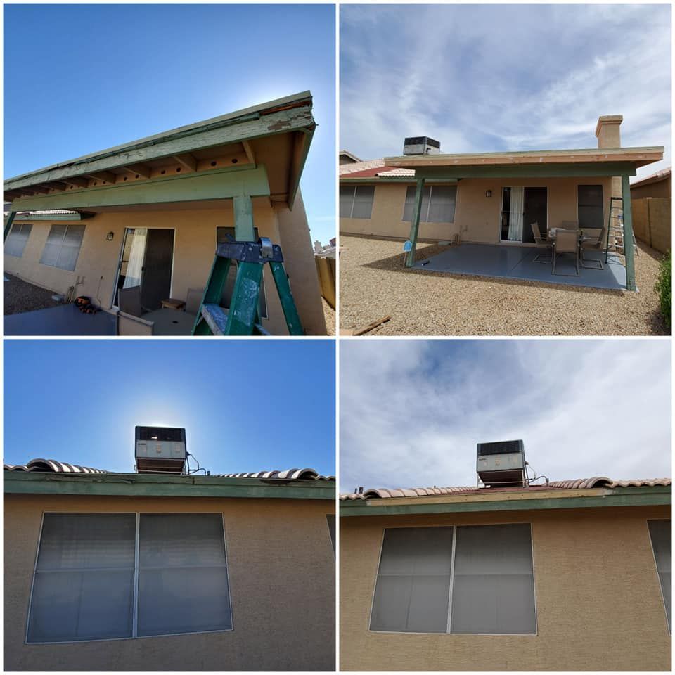 Four pictures of a house with a ladder in front of it
