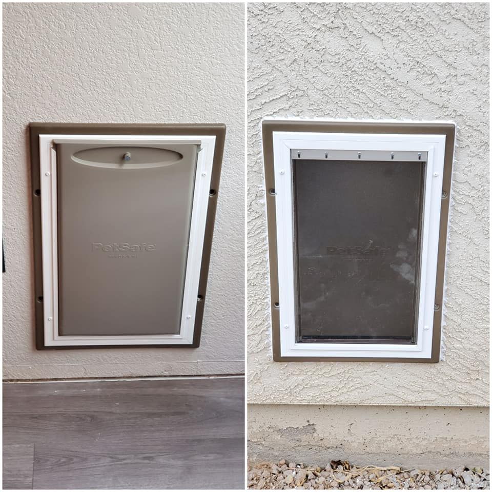 A before and after picture of a dog door on a wall.