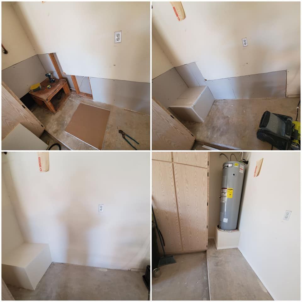 A collage of four pictures of a room with a water heater