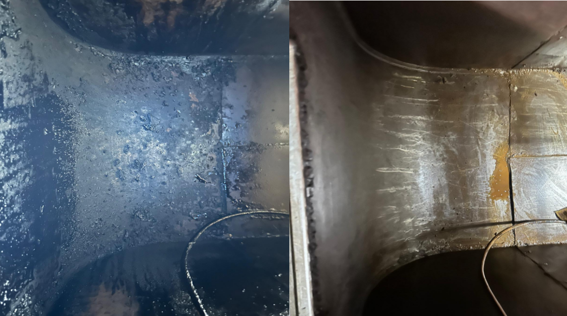 Before and after cleaning image of ductwork