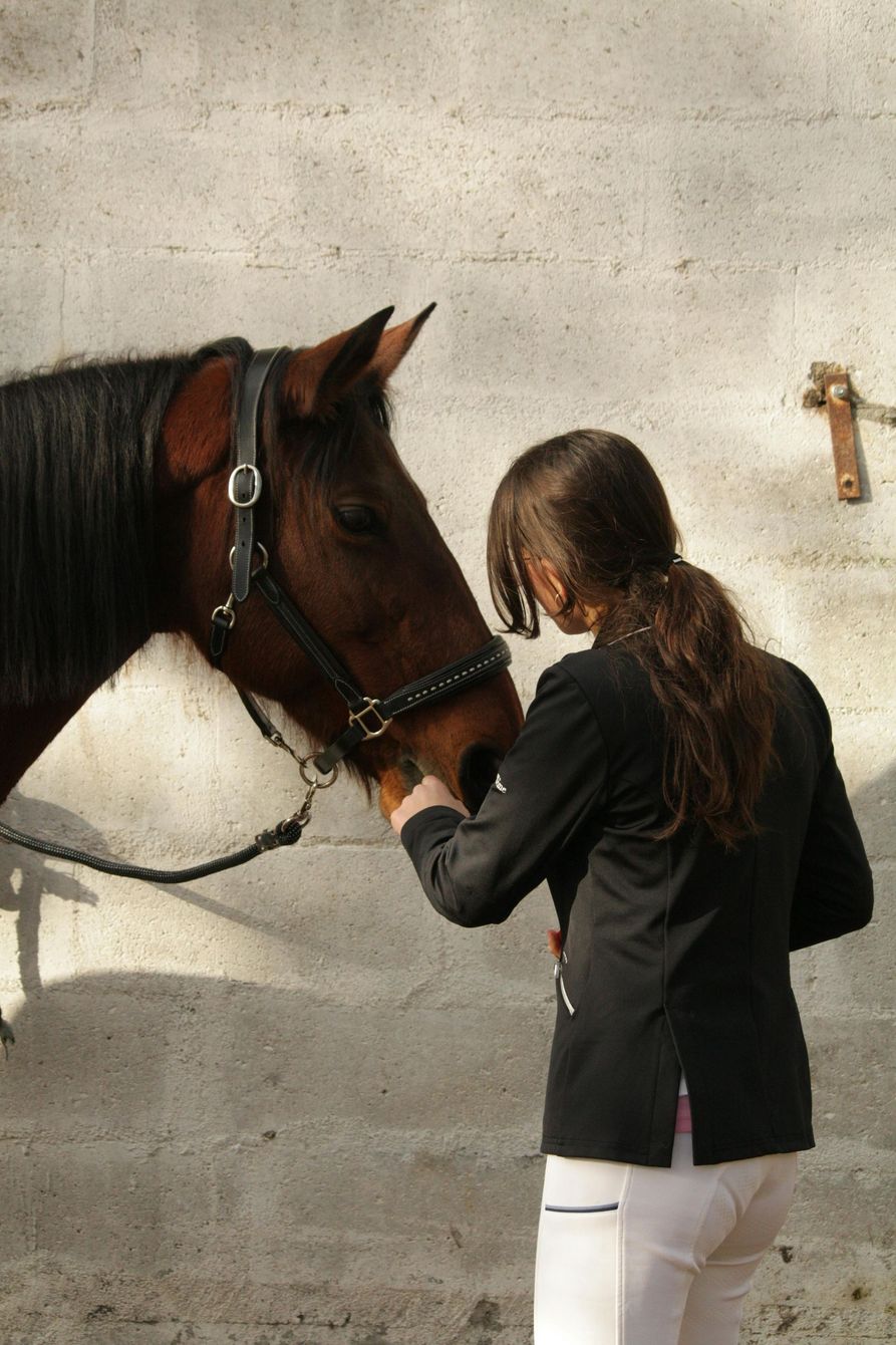 A girl in a black jacket is petting a brown horse