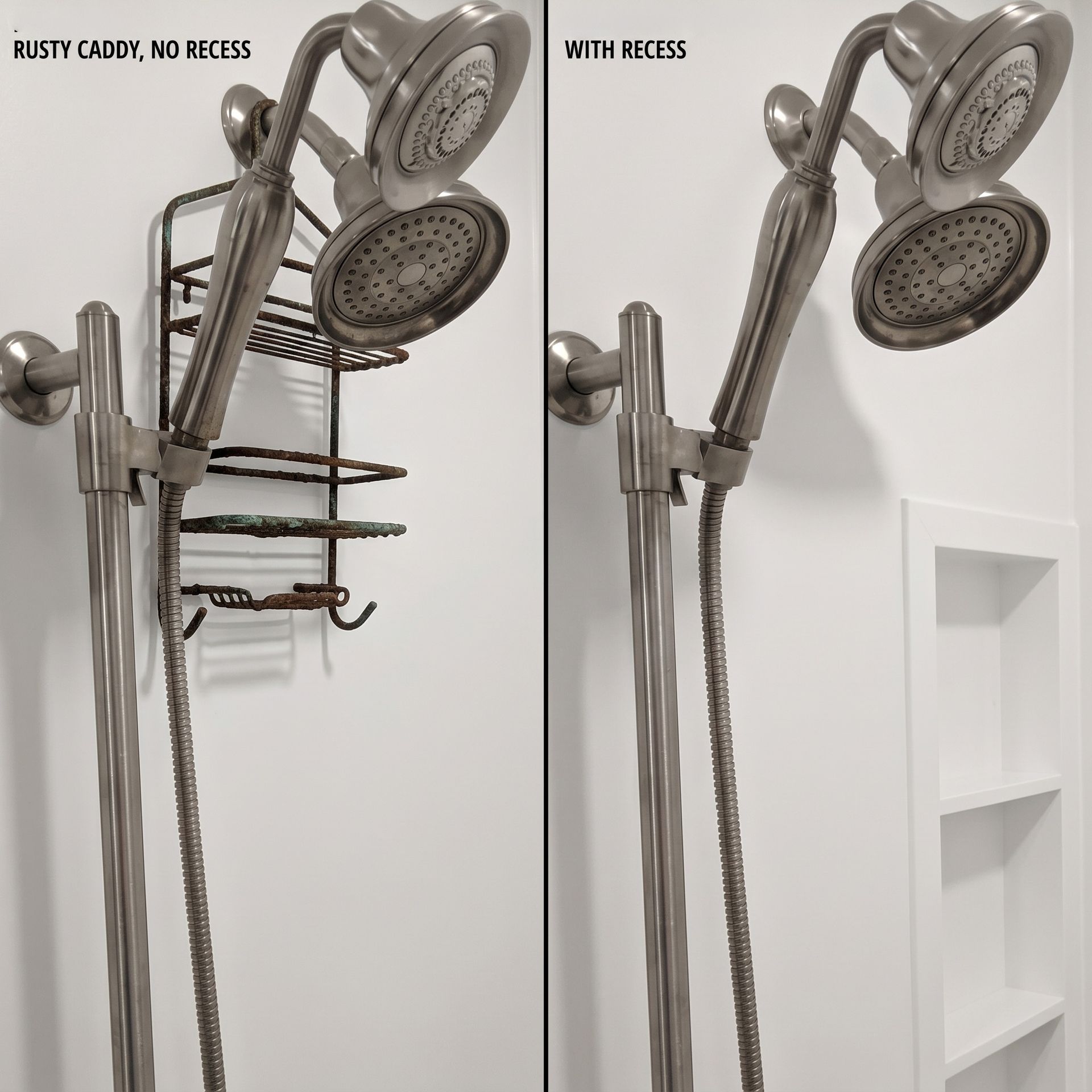 Before-and-after shower fixture with rusty caddy removed, showing a clean white wall niche.
