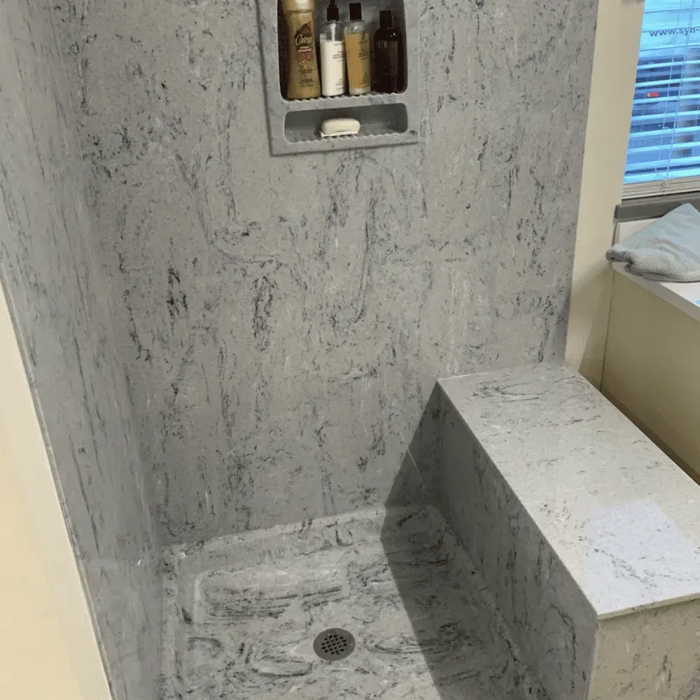 A grout-free shower manufactured by Syn-Mar Products in Ellington, CT