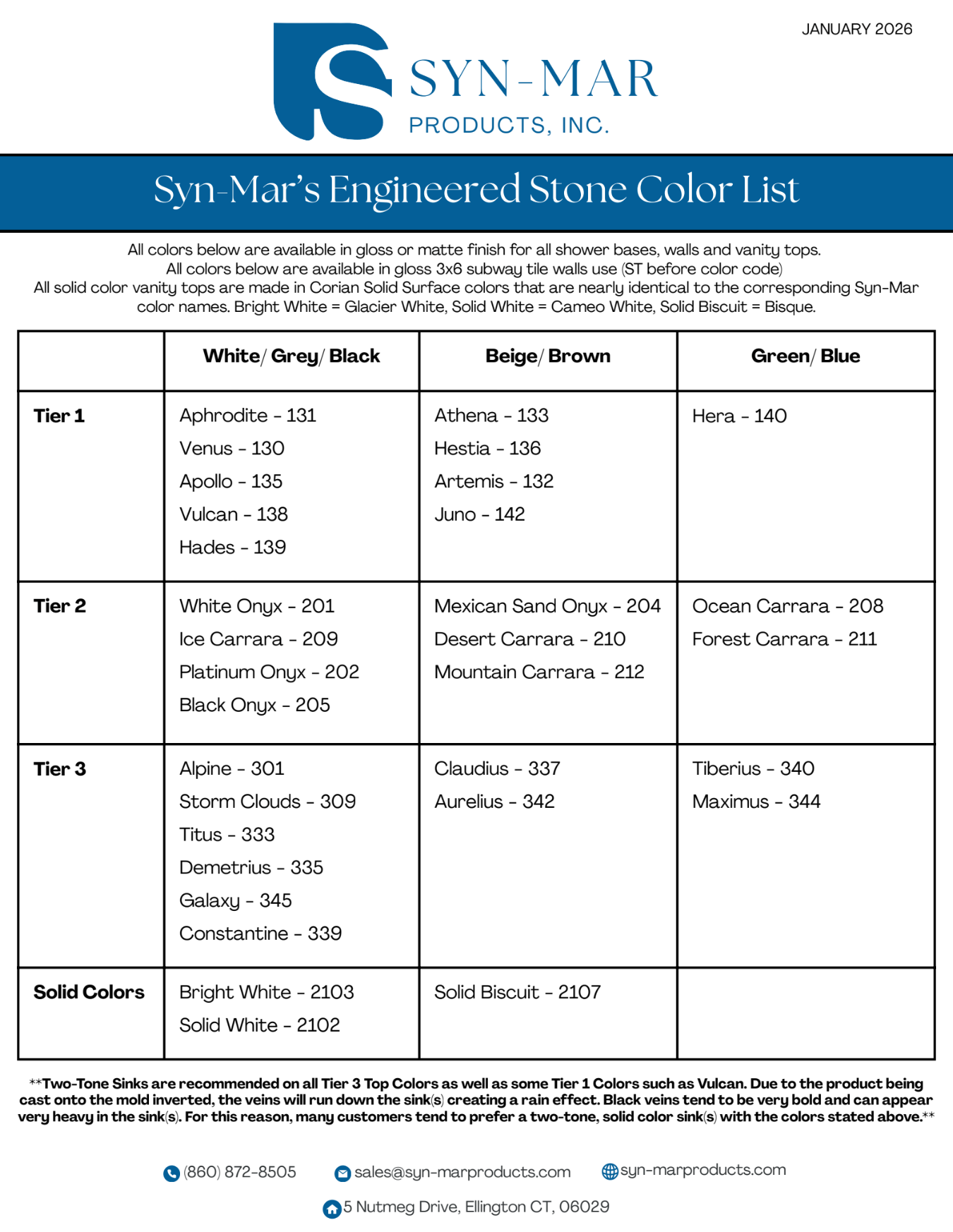 Syn Mar Engineered Stone Color List with color swatches organized in a chart.