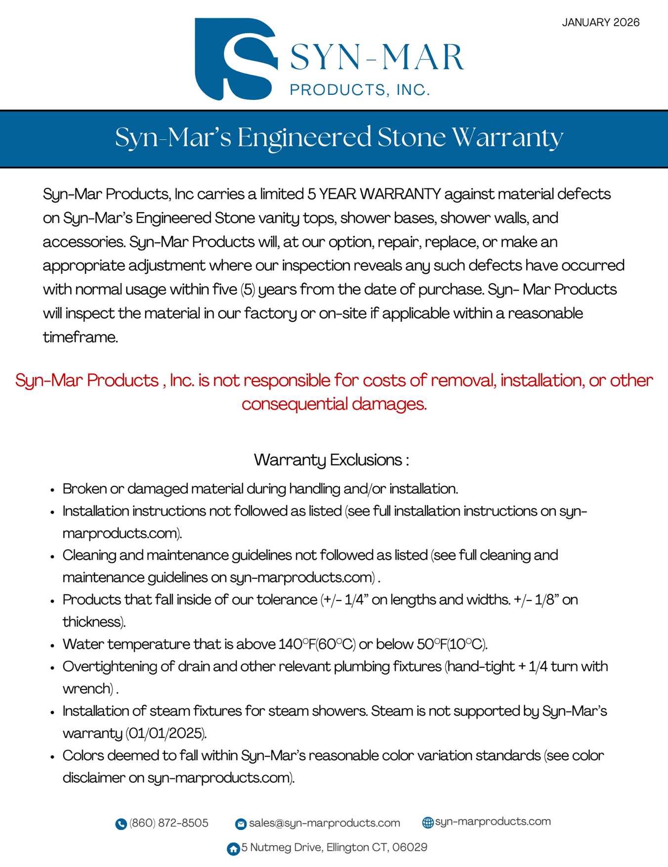 Syn-Mar engineered stone warranty document, blue and white logo, text on a white background.