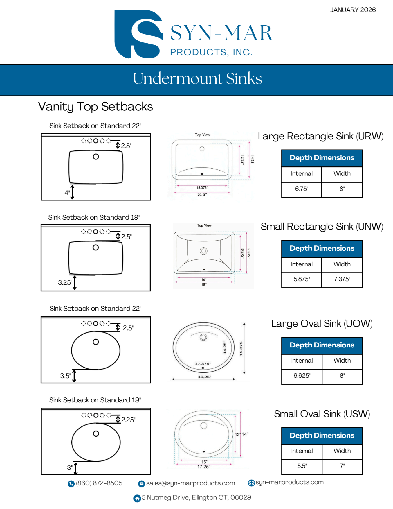 Product catalog page for Syn-Mar undermount sinks, showing different shapes with dimension charts.