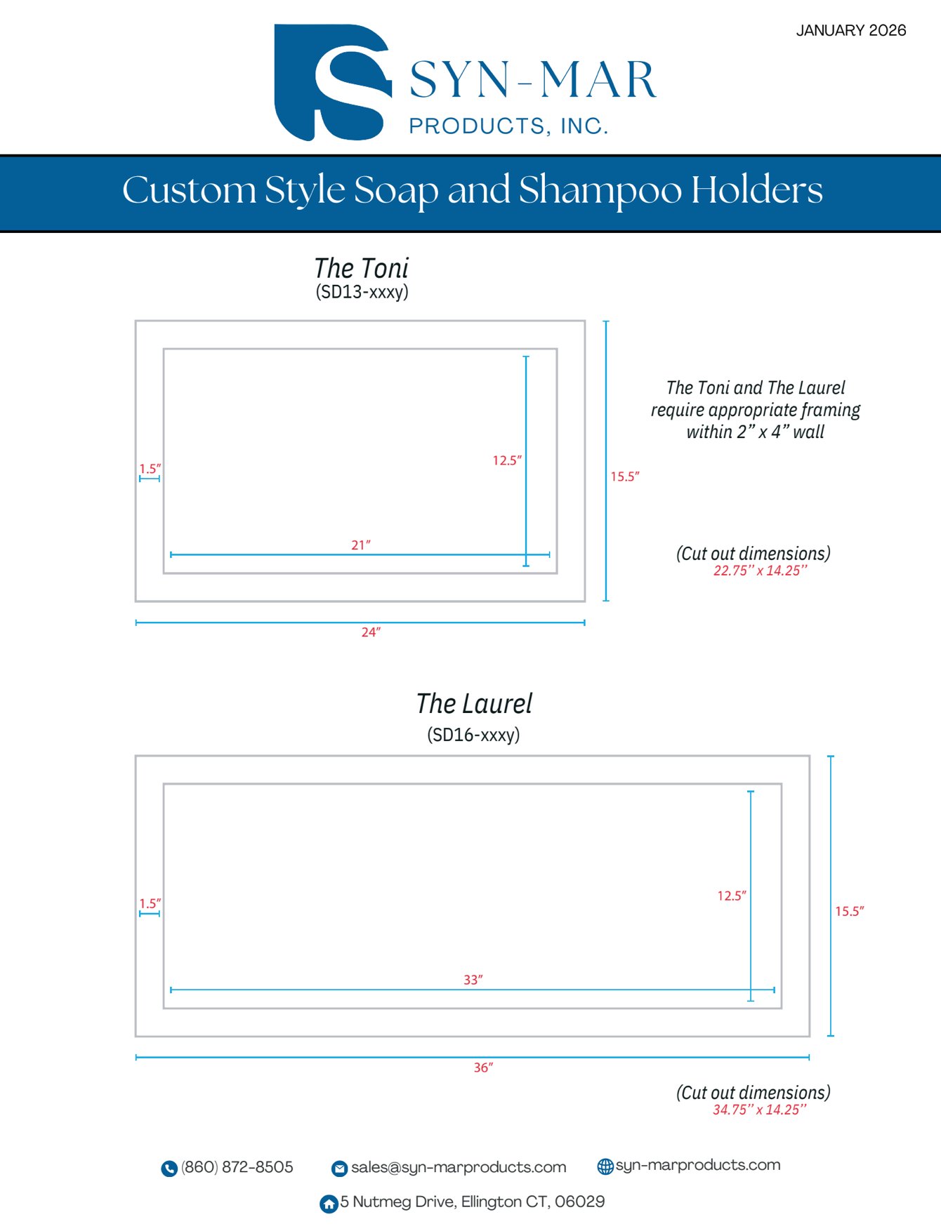 Diagram of two soap and shampoo holders with dimensions and product specifications from Syn-Mar Products, Inc.